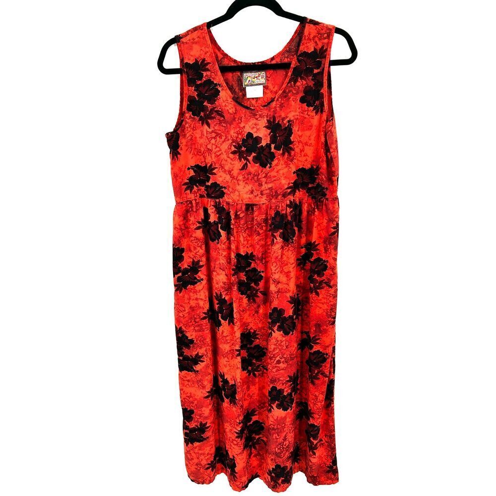 APRIL CORNELL Vintage Orange Red Black Floral Cottagecare Maxi Dress Size Medium